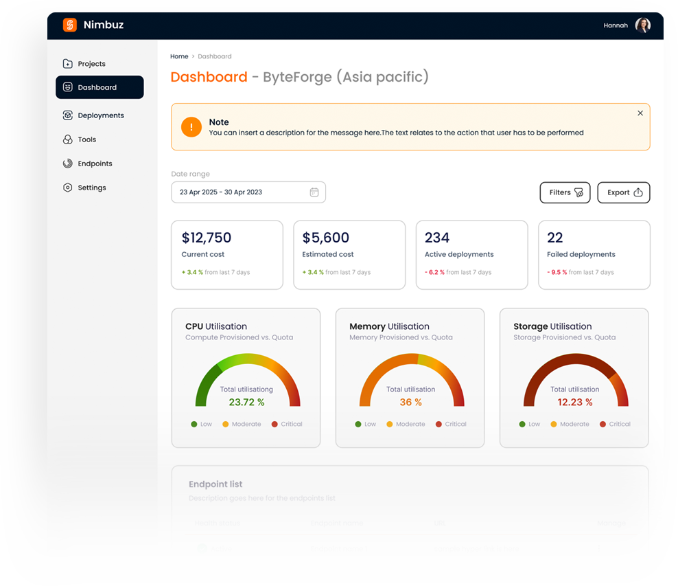 Nimbuz Cloud dashboard interface showing deployment management features